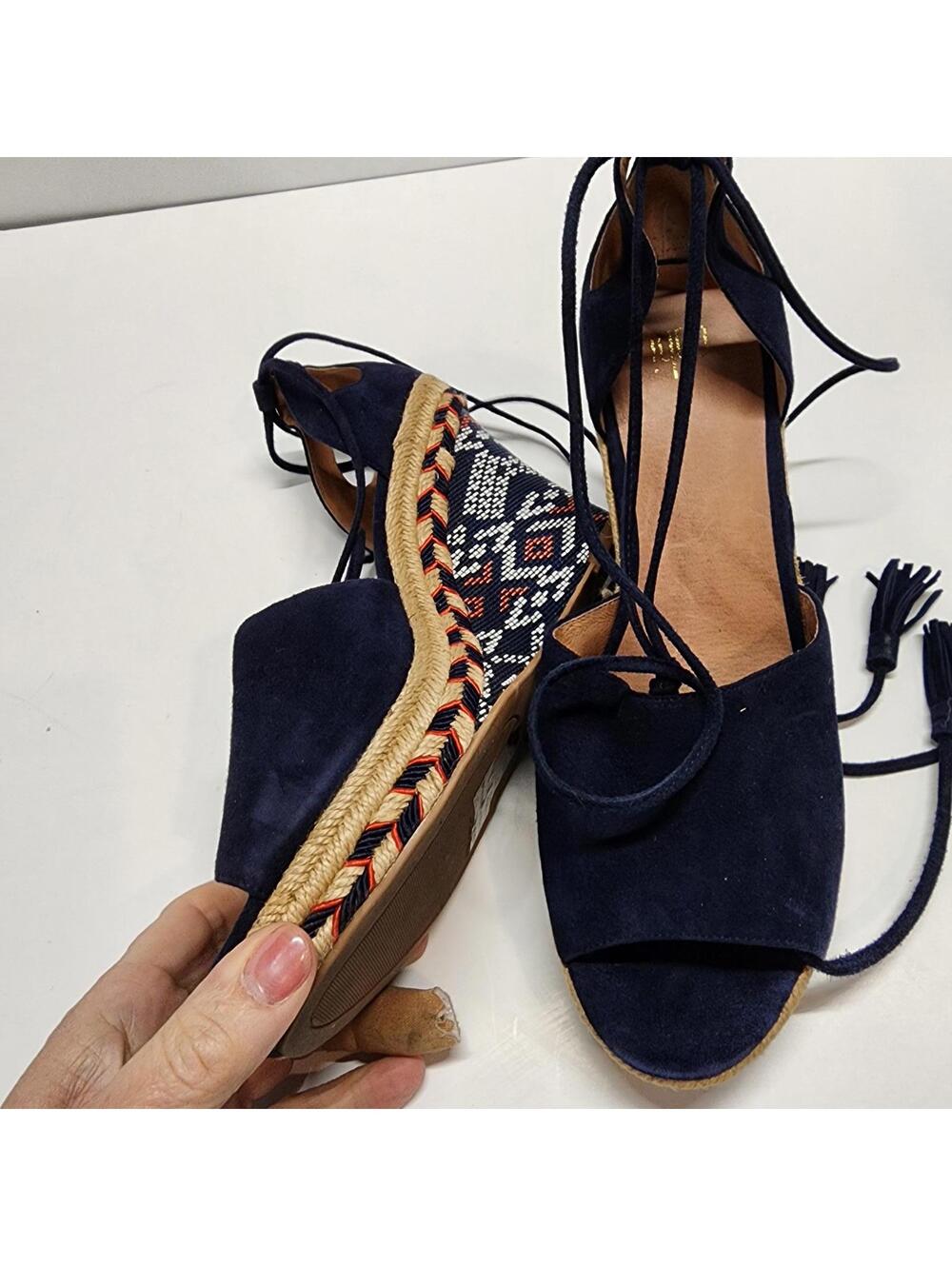 CAbi Isla Navy Suede Leather Wedge Espadrille Sandals Tassels Size 8 EUC
